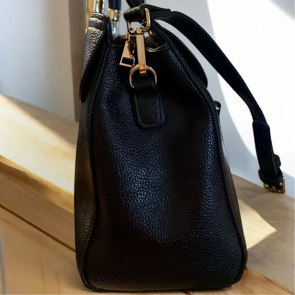 Huada Structured Black Vegan Leather Satchel Handbag Gold Hardware Crossbody